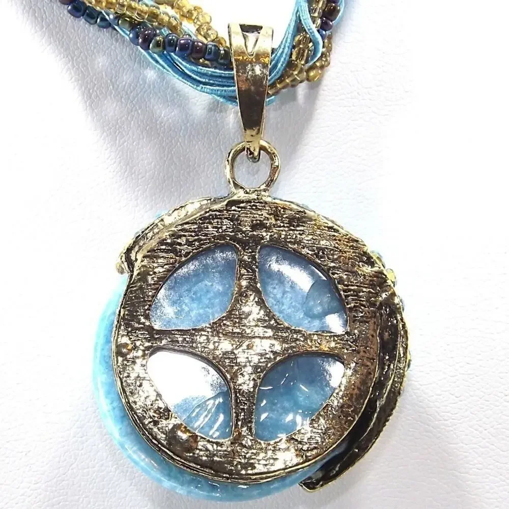 Blue Rhinestone Lucite Pendant Seed Bead Necklace, 19 Inches